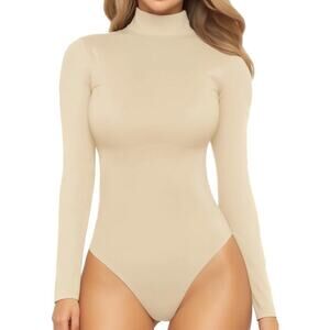 MANGOPOP Mock Turtleneck Long Sleeve Bodysuit THONG Shapewear Ribbed Size Medium